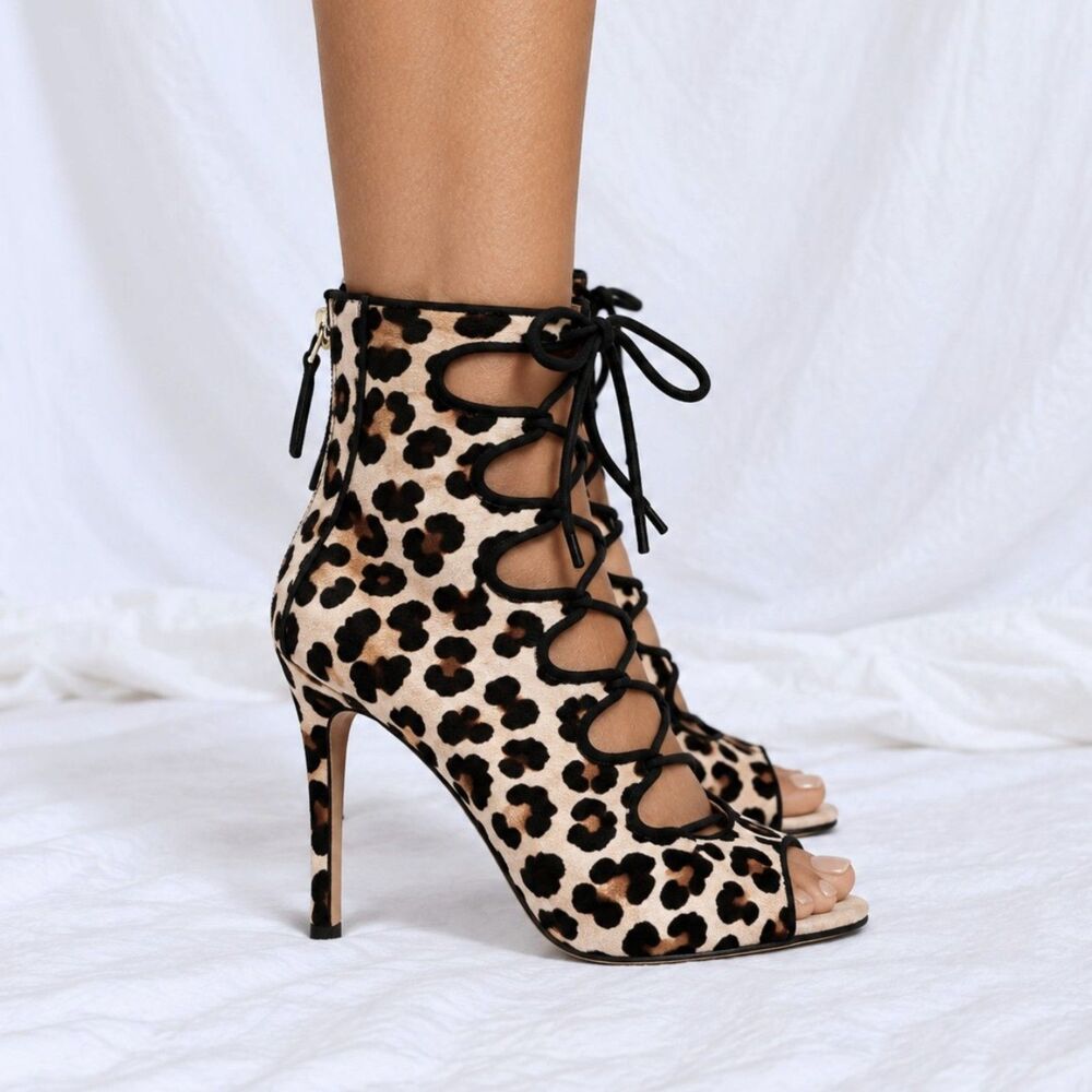 Vintage Zara Brown Leopard Print Ankle Lace Up Peep Toe Stiletto Heel Size 5.5/6